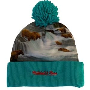 MITCHELL & Ness Aqua Knit Bear Print Hat Pom Pom Beanie Cap - NWOT
